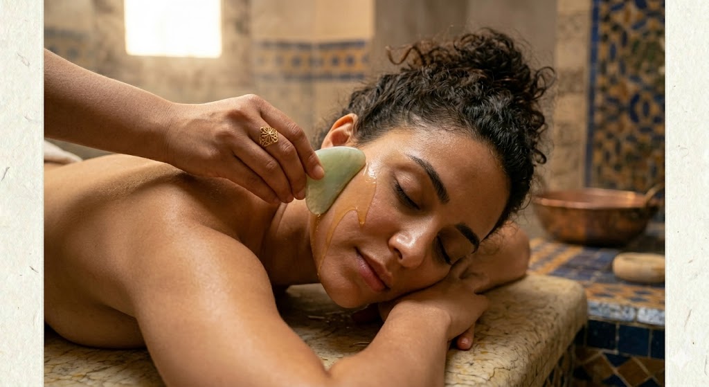 Gua sha en jade — geste lent sur le visage, huile, présence