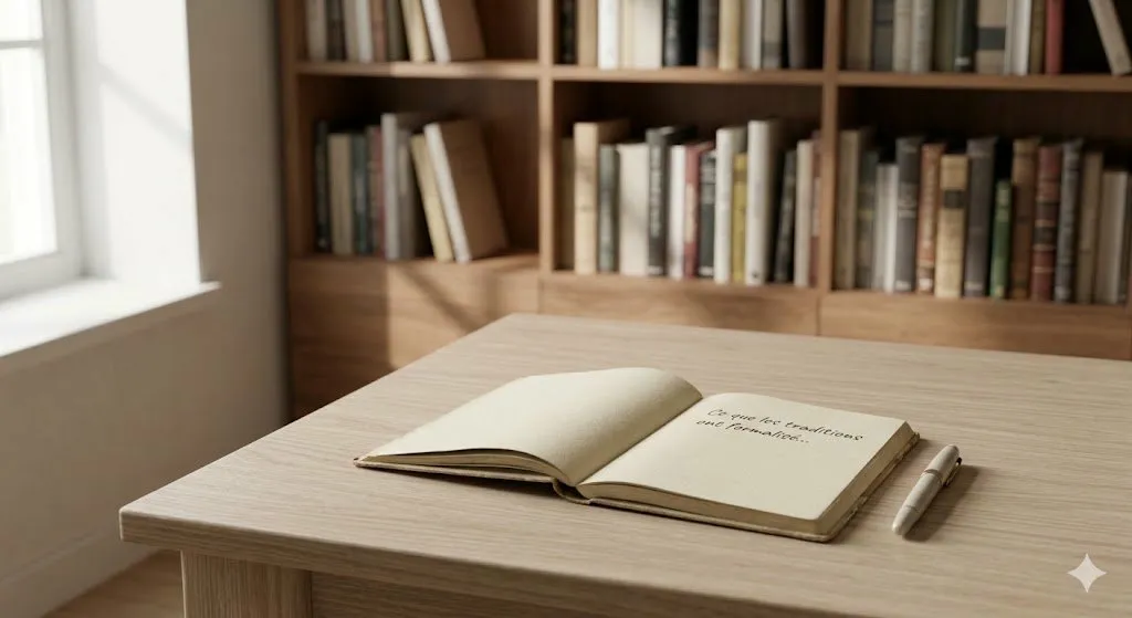 Carnet ouvert sur une table en bois clair avec bibliothèque en arrière-plan