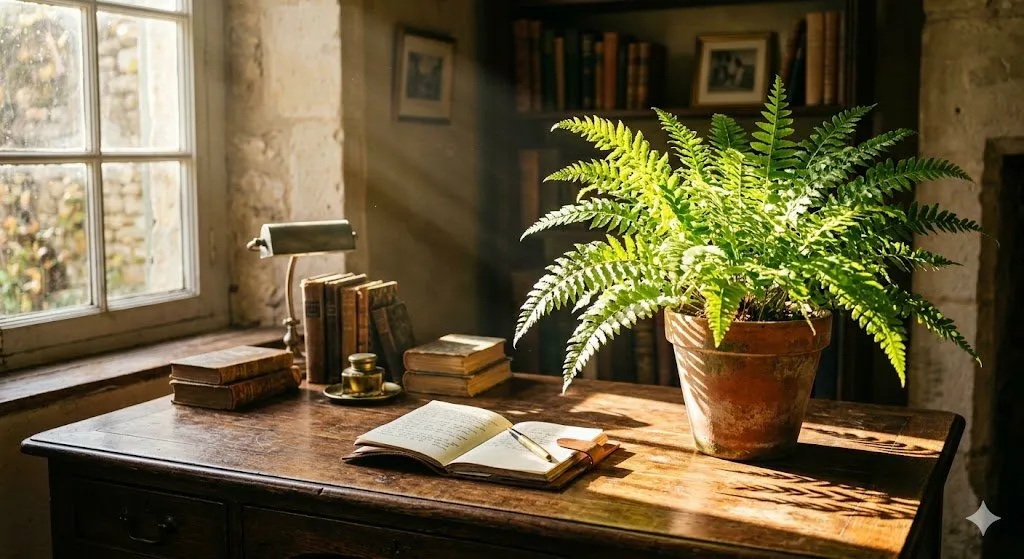 Bureau ancien en bois avec carnet ouvert, fougère et lumière naturelle matinale