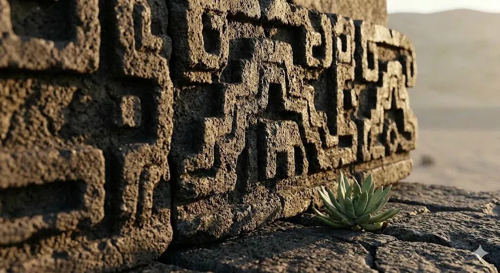 Pierre gravée de motifs préhispaniques avec une plante agave au pied