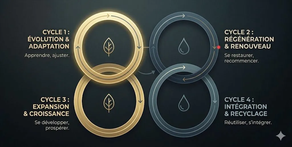 Schéma illustrant quatre cycles — évolution, régénération, expansion, intégration