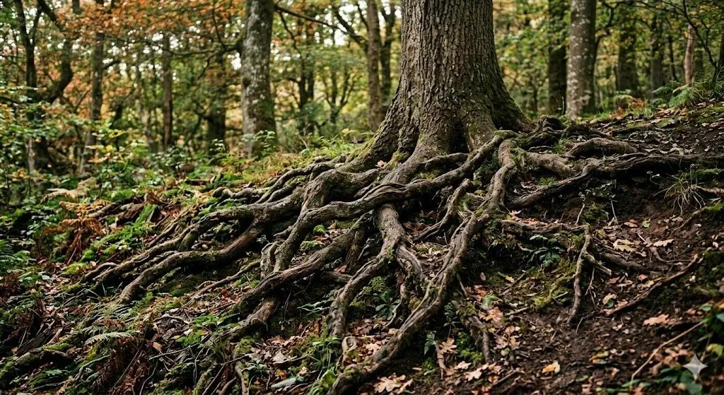 Racines d'un grand arbre s'étalant sur le sol d'une forêt en automne