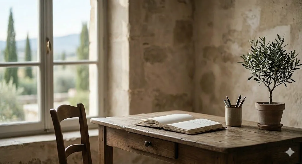 Bureau en bois avec carnet ouvert, fenêtre sur paysage méditerranéen