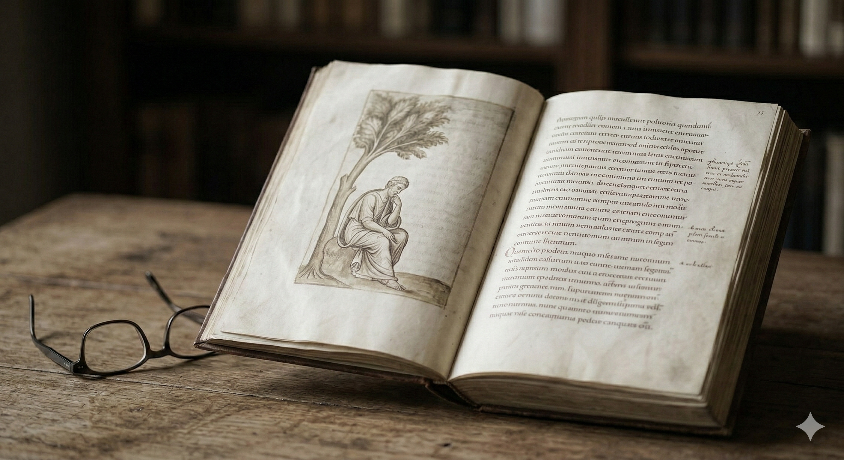 Manuscrit ancien ouvert sur une table en bois avec des lunettes