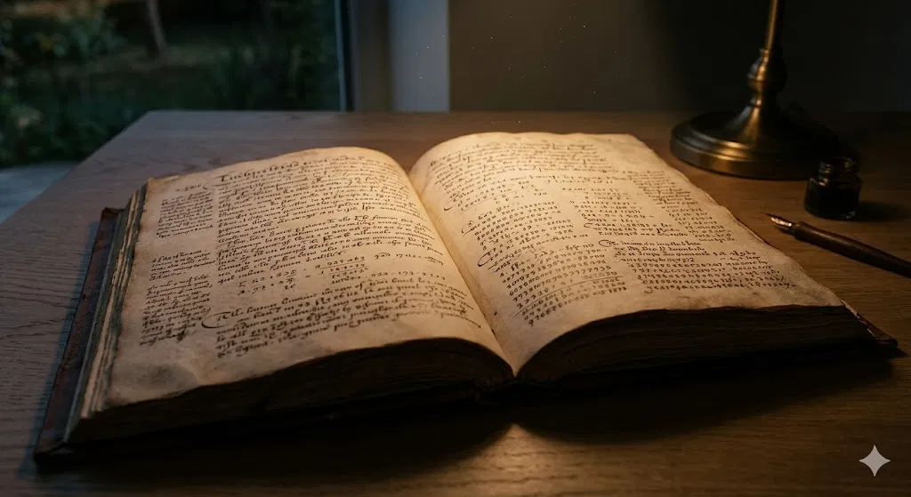 Livre ancien ouvert avec des lettres et des chiffres manuscrits sur fond de bois