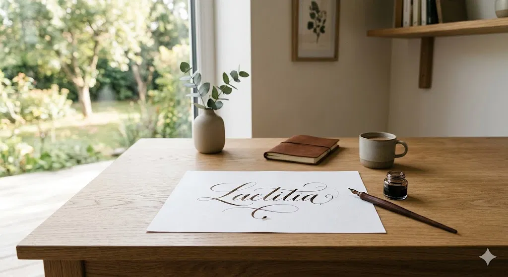 Prénom écrit à la main sur une feuille blanche, stylo posé sur un bureau en bois, lumière naturelle