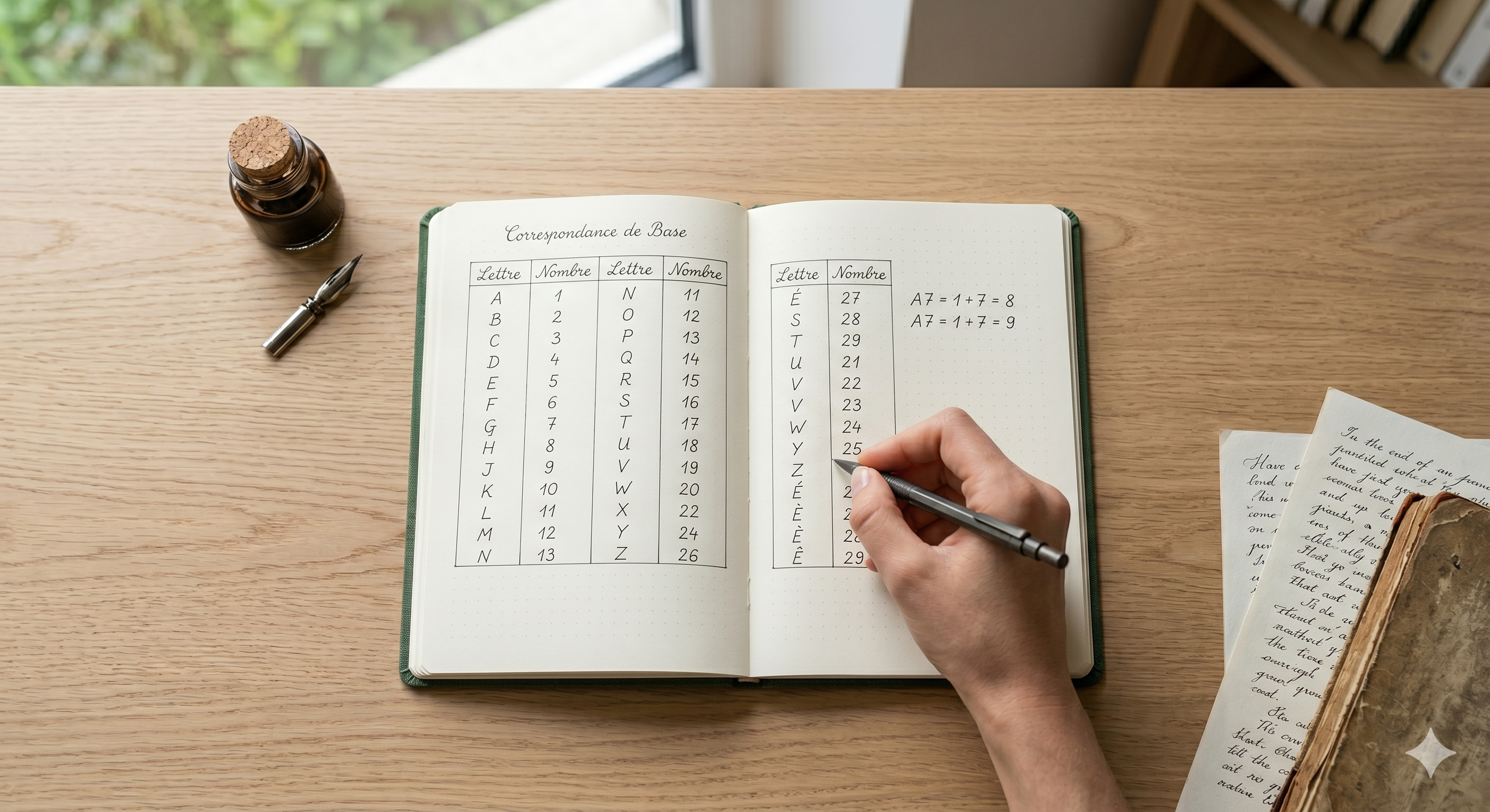 Table de correspondance lettres et chiffres écrite à la main sur une feuille blanche, stylo et bureau clair