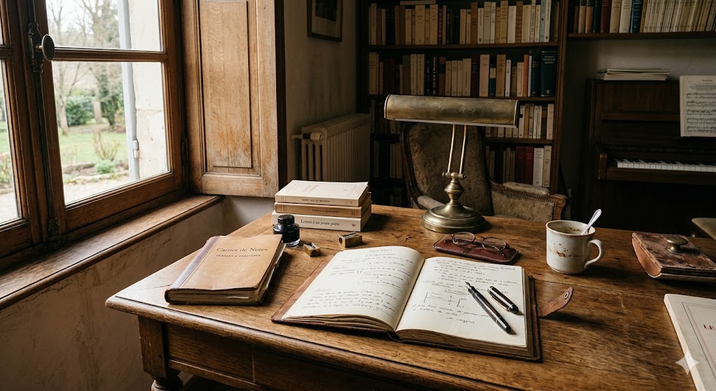 Bureau d'écrivain — carnet, encrier, lumière naturelle, routine créative