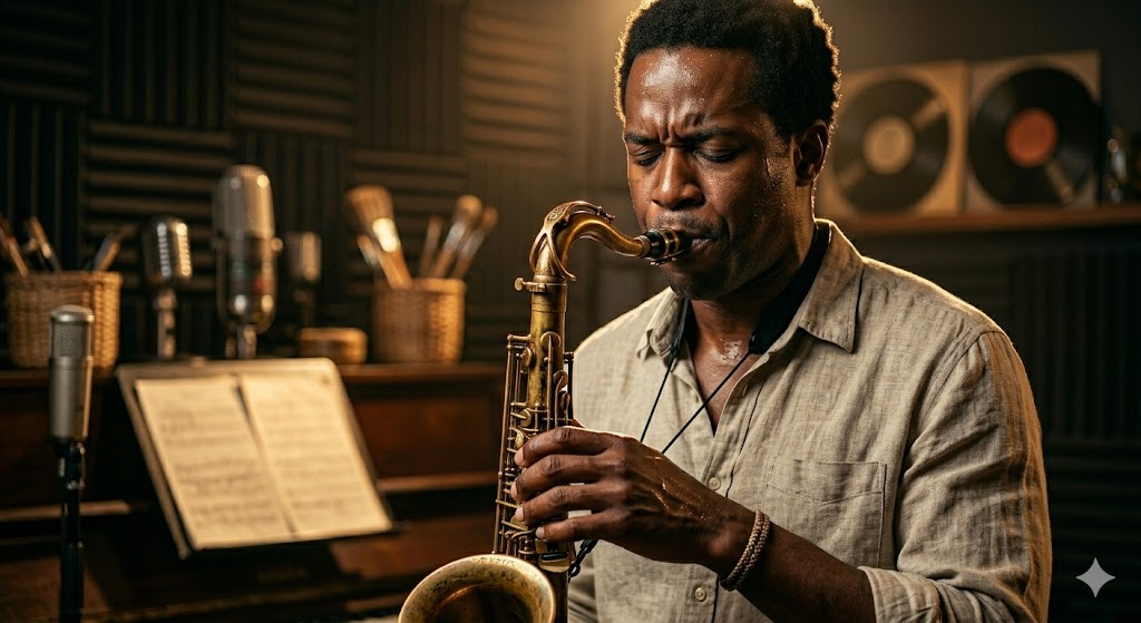 Saxophoniste en état de flow — concentration totale, studio