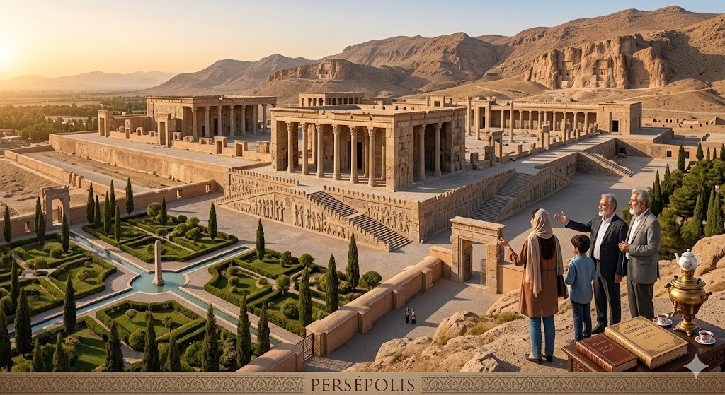 Une famille iranienne contemple Persépolis — la continuité vivante d'une civilisation