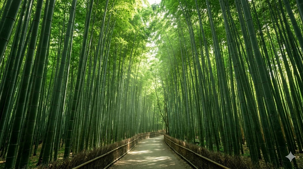 Bambouseraie d'Arashiyama — lumière verte, chemin vide, Kyoto