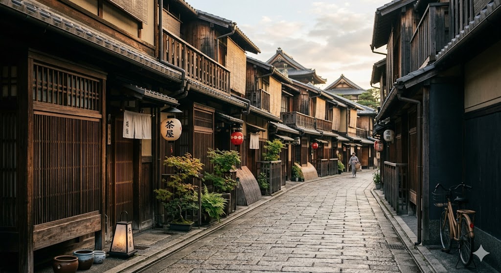 Ruelle machiya à Kyoto — architecture traditionnelle, lumière de l'aube