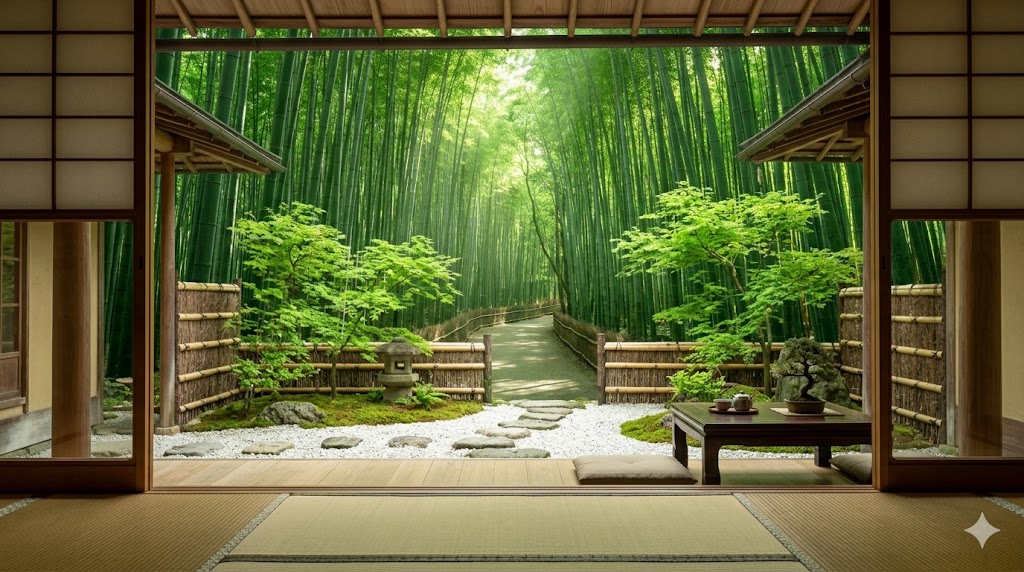 Ryokan japonais — chambre en tatami, jardin zen, bambouseraie